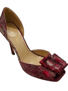 CHRISTIAN DIOR RASPBERRY RED FLORAL JACQUARD BUCKLE DETAIL OPEN TOE PUMPS